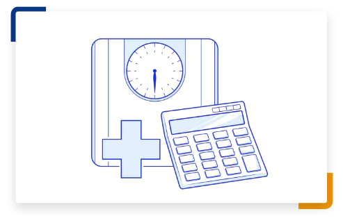 Step 1 illustration of a scale and a calculator.