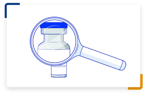 Step 6 illustration of a magnifying glass looking at a vial.