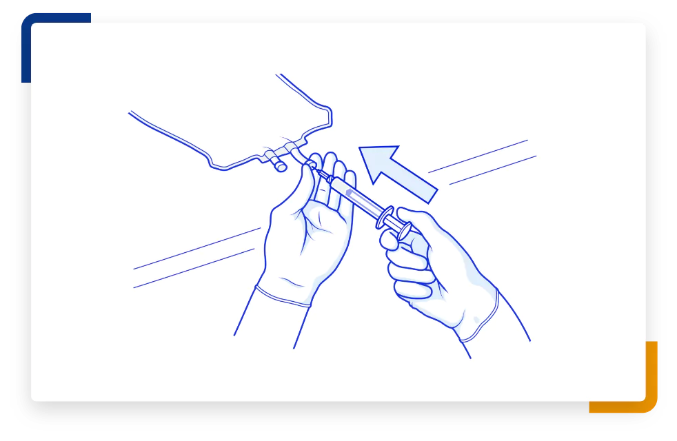 Step 3 illustration with a syringe going into an IV bag with an arrow facing toward it.